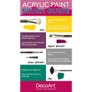 An educational guide poster for DecoArt acrylic paint brushes, categorizing it as an Instruction Diagram. The poster features different brush types (large round, square-ended, dome-shaped, fanned out) with corresponding color swatches and text descriptions on a colorful gradient background.