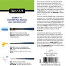 The back of a DecoArt Beginners Set box, showing product information in English and Spanish, including specifications, a round logo, and a small illustration of the included brushes.