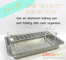 A silver aluminum baking pan with a white wire dish rack organizer resting on top, shown on a white background with promotional text and the DecoArt logo.