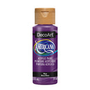 A bottle of DecoArt Americana acrylic paint in the shade Muse, featuring a purple label and a tan flip-top cap, set against a plain white background.