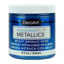 A jar of DecoArt Americana DECOR METALLICS paint in bright metallic blue, with a white lid and white and blue label, on a white background.