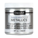 A silver jar of DecoArt AmericanaDECOR METALLICS bright metallic paint, 8 fl oz, on a white background.