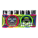 A set of six DecoArt Black Light Neon fluorescent acrylic paint bottles in a value pack, featuring vibrant neon pink, yellow, green, blue, orange, and purple colours.