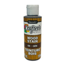 A bottle of DecoArt Crafter's Acrylic Wood Stain in the Oak color, featuring a wood-grain label and a white cap.