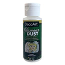 A bottle of DecoArt Glamour Dust Crystal glitter spray on glitter, 29.5g, featuring a white cap and a green and black label with a vintage illustration.