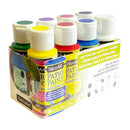 A 6-pack of DecoArt outdoor acrylic paint bottles in a cardboard display tray, showing the green, yellow, red, pink, blue, Black, White and purple paint colours.