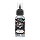 A bottle of DecoArt Stained Glass Paint in Silver, featuring a black cap and a clear plastic top.