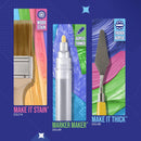 Three art supply products shown in vertical packaging on a blue graphic background: a wood stain brush labeled MAKE IT STAIN DS174, a Marker Maker acrylic thinner pen labeled DS149, and a thick acrylic tool labeled MAKE IT THICK DS148.