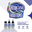 Three bottles of DecoArt Americana Additions Advanced Marker paint are shown against a white background with a large decorative logo and marketing text above them.