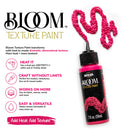A bottle of Arizona BLOOM Texture Paint shown on a white background with product information text and a pink textured heart-shaped paint swatch above the bottle.