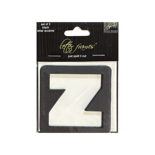 A packaged set of three black letter accents, featuring a large white letter 'Z' shown in front of a black header card with the brand name 'Letter Frames' and the tagline 'just spell it out'.
