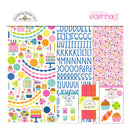 A sheet of doodlebug essentials scrapbooking paper featuring a colorful birthday party theme with cupcakes, cakes, balloons, streamers, sprinkles, alphabet letters, and gingham patterns, shown alongside smaller sample sheets and packaging.