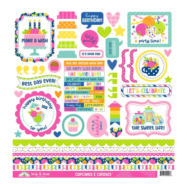 A sheet of craft stickers themed around cupcakes and candles, featuring colorful text labels, decorative frames, patterned borders, and party graphics on a white background.