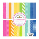 A 12x12 paper pack by Goodiebug Design Inc. featuring 12 double-sided cupcake and candy print patterns in pink, orange, yellow, green, and blue, arranged in a grid with a central circular label.