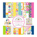 A 12x12 paper pack by Crinklebug Design Inc. featuring 18 double-sided cardstock sheets and 1 sticker sheet in a colorful cupcakes and candies theme.