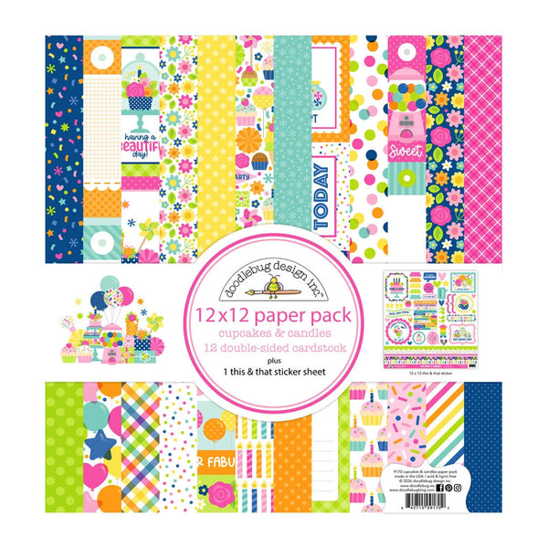 A 12x12 paper pack by Crinklebug Design Inc. featuring 18 double-sided cardstock sheets and 1 sticker sheet in a colorful cupcakes and candies theme.