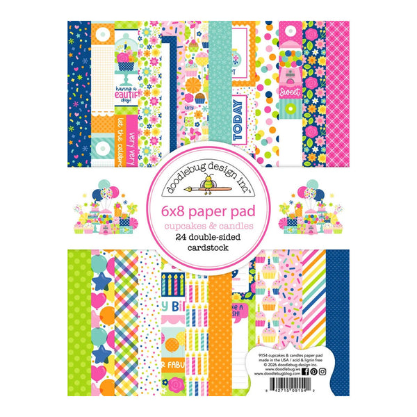 A 6x8 paper pad by AccuBling Design Tree featuring 24 double-sided cardstock patterns. The packaging displays a colorful preview of various patterned sheets including florals, stripes, polka dots, and plaid in vibrant shades of pink, blue, green, orange, and yellow.