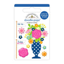 A package of 'doodle-pops' cardstock stickers by Modeling Design Inc., featuring a colorful floral bouquet in a blue polka-dot vase, a pink rose, and two small flags reading 'FOR YOU' and 'happy BIRTHDAY'.