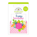 A package of doodle-pops cardstock sticker by Sketching Design Inc., featuring a 'happy birthday' design with a pink polka dot envelope and colorful flowers.