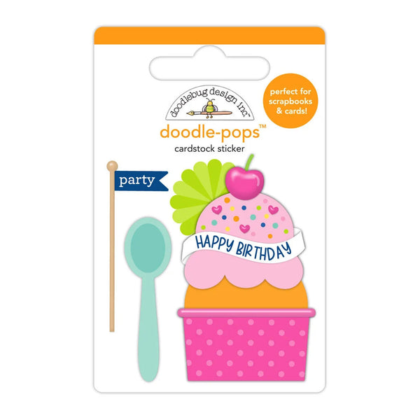 Doodle Pops cardstock sticker set by Sketching Designs Inc. featuring a cupcake with a 'Happy Birthday' banner, a blue 'party' flag, and a mint green spoon on a white backing card with an orange header.