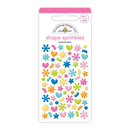 A package of Double-Laugh Design Co. Shape Sprinkles surprise party craft stickers, featuring a variety of colorful geometric and star-shaped stickers on a white backing card with a pink header.