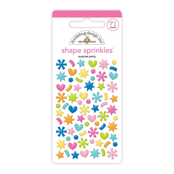 A package of Double-Laugh Design Co. Shape Sprinkles surprise party craft stickers, featuring a variety of colorful geometric and star-shaped stickers on a white backing card with a pink header.