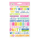 A sheet of colorful die-cut sticker phrases from Puffy Words, featuring birthday and party-themed words and phrases in pastel and bright colors on a white backing card with a pink header.