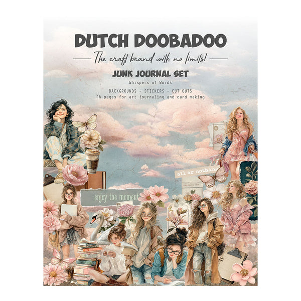 Dutch Doobadoo Junk Journal Set cover featuring a whimsical collage of girls, flowers, butterflies, and pastel clouds under a blue sky, with the text 'DUTCH DOOBADOO The craft brand with no limits! JUNK JOURNAL SET' at the top.
