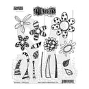 Stamper's Candy Yarns 'Dreams' clear stamp sheet featuring various black and white doodle-style flowers, stripes, and abstract shapes on a white background.