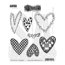 Stamper & Wyndham 'Missions' clear stamp set featuring six heart-shaped designs with various patterns like checkers, polka dots, stripes, and floral borders, shown on a white background.