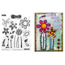 Two square product panels side by side: on the left, a black-and-white floral stamp design sheet with the brand name Visitin visible at the top; on the right, a colorful assembled floral art panel with flowers, labels, and decorative elements.