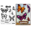 A craft stamp set featuring butterfly and caterpillar designs. On the left is a clear stamp sheet with black and white butterfly stamps, and on the right is a colorful card or sample sheet displaying vibrant orange, purple, and pink butterfly illustrations with decorative text.