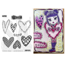 A craft stamp set by Stampers Simply Pinks featuring black and white heart designs on the left, and a stamped example sheet on the right showing a purple-haired character with a pink heart and the words 'you feel me feel hello'.