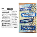 A craft stamp set shown on a white background, with the clear stamped designs on the left and a sample stamped card on the right featuring decorative blue and black text boxes over a watercolor-style background.
