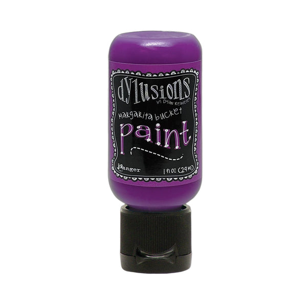 Purple bottle of Dylusions paint with black cap on a white background