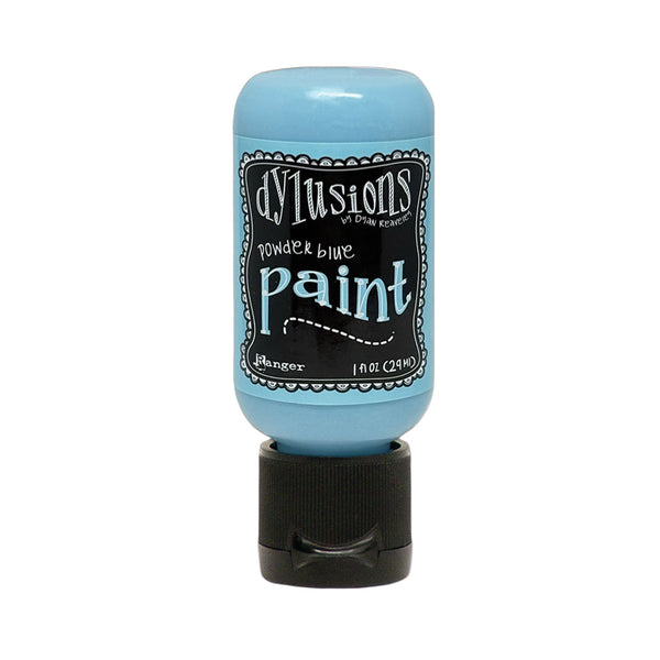 Blue bottle of Dylusions paint with black label on a white background