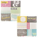 Two sheets of scrapbooking paper with various retro-themed patterned designs, including chevron, houndstooth, chalkboard textures, and motivational phrases like 'today', 'AMAZING', 'You are my Sunshine', and 'BEST DAY EVER'.