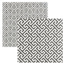 Two overlapping square fabric or paper swatches with geometric patterns on a white background. The top-left swatch has a repeating diamond motif, and the bottom-right swatch has a dark gray Greek key / maze-like interlocking pattern.