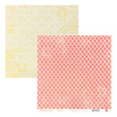 Two square patterned paper sheets overlapping on a white background. The top sheet has a pale yellow and white ornamental pattern, and the bottom sheet has a coral pink and white trellis pattern.