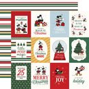 A 3x3 grid of Christmas-themed paper or card designs featuring Mickey and Minnie Mouse illustrations, holiday quotes, gift boxes, snow globes, and festive stripes in red, green, white, yellow, and blue.
