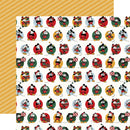 A sheet of patterned paper featuring repeating Mickey Mouse Christmas motifs in red, green, yellow, and black on a white background, with a gold striped corner overlay.