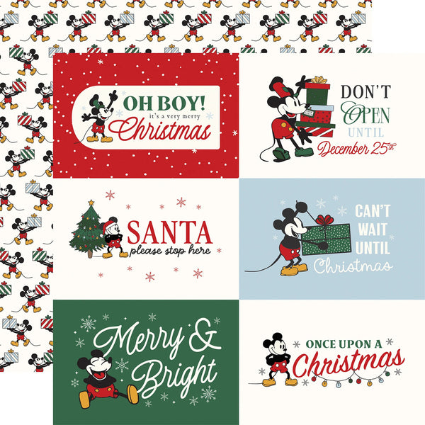 A collage of Christmas-themed printed designs featuring Mickey Mouse and Santa, with phrases like 'Oh Boy! It's a Very Merry Christmas,' 'Don't Open until December 25th,' 'Santa please stop here,' 'Can't wait until Christmas,' 'Merry & Bright,' and 'Once upon a Christmas.'.