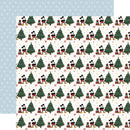 A sheet of double-sided scrapbooking paper with a Christmas Mickey Mouse pattern. The front features a repeating pattern of Mickey Mouse wearing red sweaters and scarves next to green Christmas trees with gifts, on a cream background with small pink snowflakes.