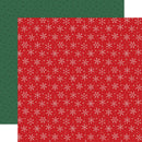 Two sheets of patterned paper shown flat against a white background, with one larger red sheet featuring white snowflakes and a smaller dark green sheet behind it with small dark motifs.
