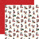 A sheet of double-sided holiday paper featuring a repeating pattern of Mickey Mouse carrying Christmas gifts on a cream background, with a solid red reverse side decorated with white snowflakes.