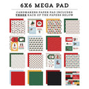 A 6x6 mega pad of cardmaking paper sheets shown on a white background, with text stating it includes three patterns of paper. The sheets feature holiday Christmas designs, red, green, white, and yellow patterns, and solid color sheets.