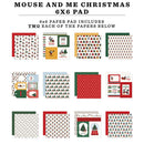 A 6x6 paper pad themed 'Mouse and Me Christmas' shown on a white background with descriptive text above. The pad includes multiple festive patterned sheets in red, green, white, and yellow holiday designs such as Christmas trees, ornaments, Santa silhouettes, and 'Merry Christmas' cards.
