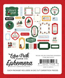 Echo Park Paper Co. 'Ephemera' mouse and me Christmas ephemera die cut cardstock pieces package, featuring 34 festive cardstock pieces with holiday designs, text, and illustrations on a white sheet against a red background.