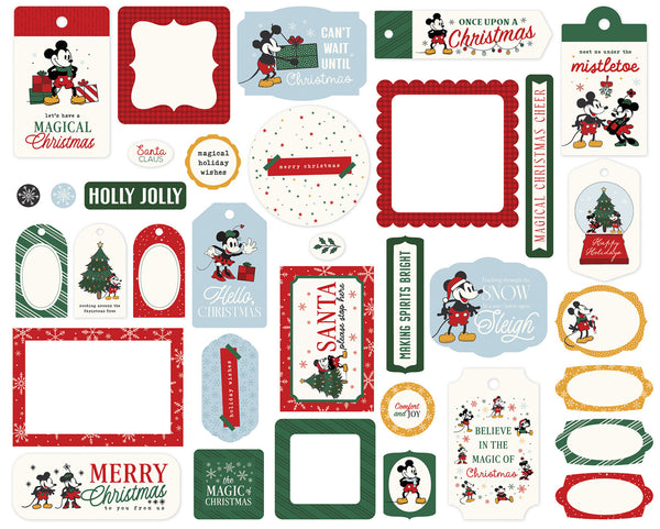 Collection of Christmas-themed labels and tags featuring Mickey Mouse with festive designs.