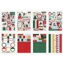 Eight sheets of Christmas-themed craft stickers arranged in a 2x4 grid on a white background. The sheets feature festive designs including Santa Claus, Christmas trees, holiday greetings, patterns, and decorative labels in red, green, white, and black.